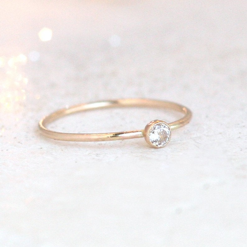 gold ring. cz diamond. birthstone ring. ONE delicate stackable birthstone ring. mothers ring. 14k gold filled. engagement ring image 2