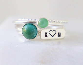 personalized ring SET / silver, turquoise, chrysoprase rings. sterling silver stacking ring. personalized rings. rectangle bar. geometric.