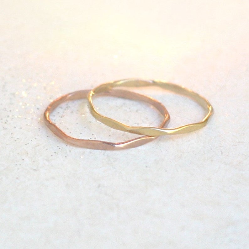 SOLID 14k gold or rose gold stacking ring. super skinny slim. hammered and shiny. ONE. classic gold stack ring. image 6