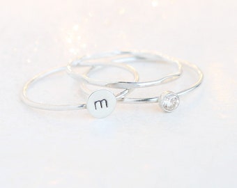 silver stacking ring SET. monogram initial ring. silver diamond ring. silver stacking ring. personalized set of THREE rings. gift for her