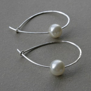 hoop earrings. sterling silver pearl hoops. classic hoops for her. delicate, hammered hoops. gift for her. gift under 25 image 2