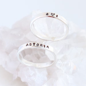 personalized stackable name ring. sterling SILVER couples ring. wedding, anniversary band. custom date, initials, heart ring. mothers ring