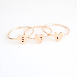 initial ring. heart ring. 14k gold filled stacking RING. custom initial jewelry. bridesmaid gift. mothers ring. stamped letter.