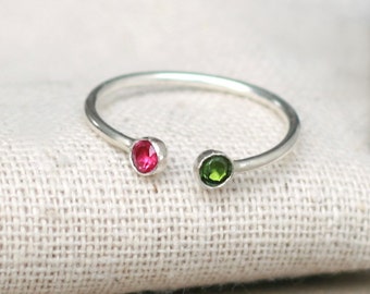 dual birthstone ring. two stone ring. gemstone couples ring. sterling silver. double birthstone ring. stacking ring.