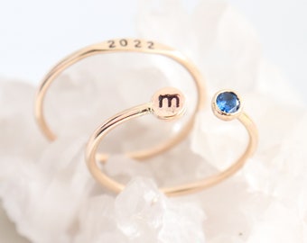 SOLID 14K GOLD Personalized Class of 2025 Graduation Ring. Custom Stackable Birthstone Name, Year, Initial Graduation Ring Set. Gif for Her.