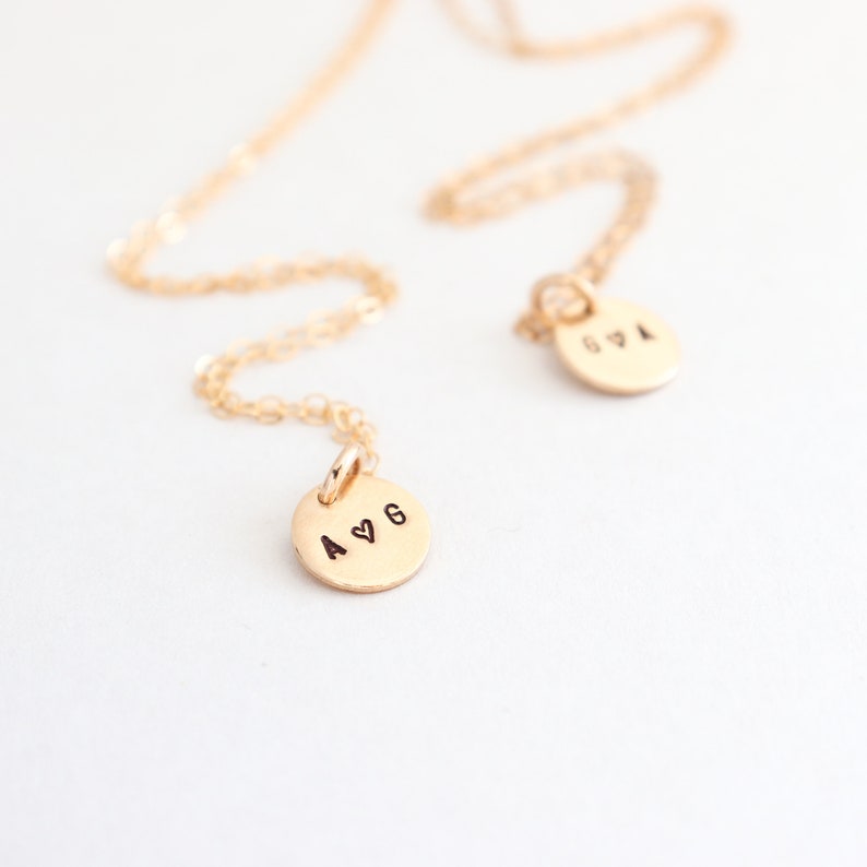 best friends gold initial necklace. couples necklace. simple gold disc necklace. mother's necklace. gift for her under 50. bridesmaid gift. image 3