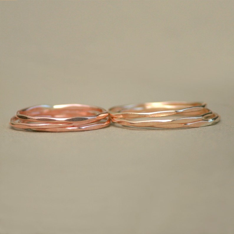 SOLID 14k gold or rose gold stacking ring. super skinny slim. hammered and shiny. ONE. classic gold stack ring. image 5