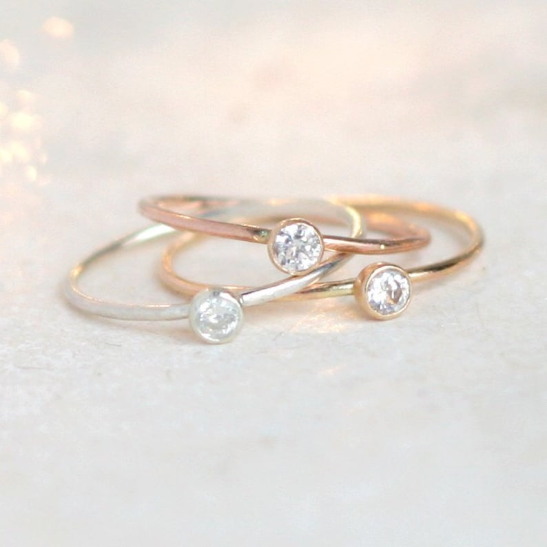 THREE birthstone stacking ring set gold filled rings PEBBLED sterling silver tiny gemstone rings rose stackable rings minimalist rings