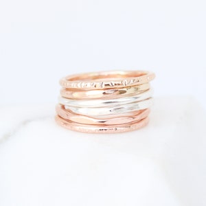 SIX stacking rings. chunky GOLD & SILVER textured statement rings. stacked mixed metal ring set. sterling silver, yellow, rose filled. 1.6mm
