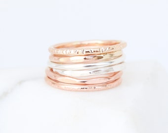 SIX stacking rings. chunky GOLD & SILVER textured statement rings. stacked mixed metal ring set. sterling silver, yellow, rose filled. 1.6mm