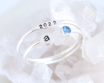 Personalized Graduation Class Ring Year of 2026. Custom Date / Name Engraved Inscripton Birthstone Gemstone Stack Set Solid Sterling Silver