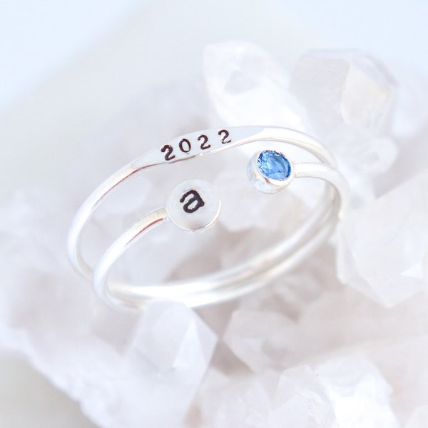 personalized class ring. graduation gift. class of 2024 graduation ring. initial ring. sterling SILVER custom birthstone gemstone ring set.