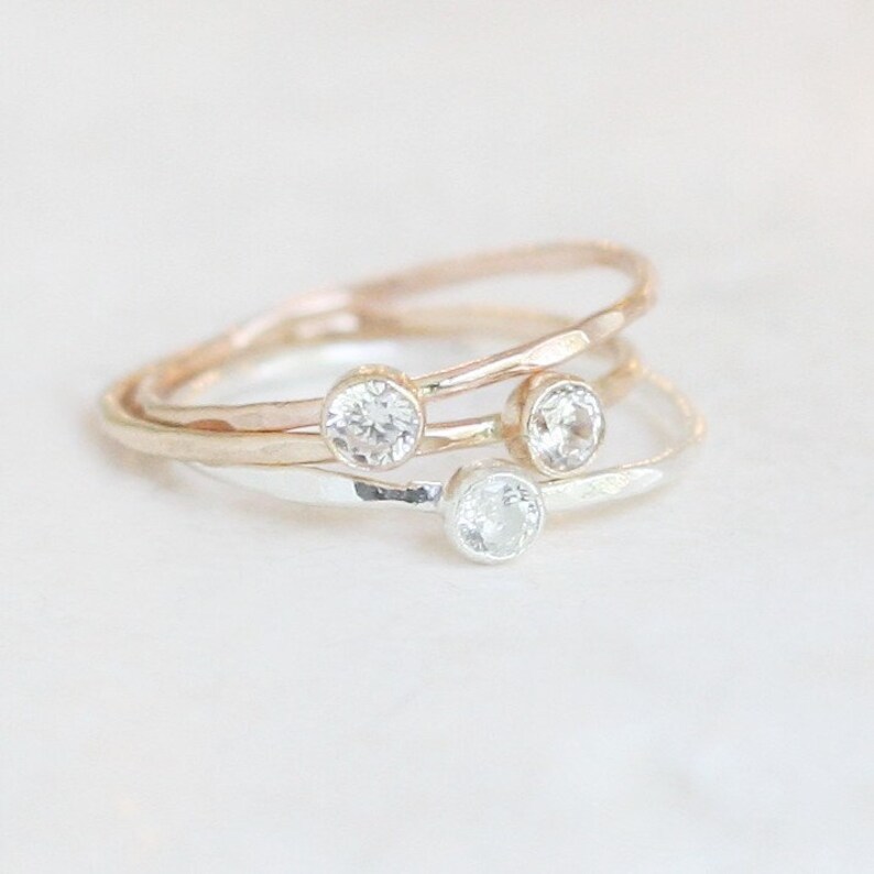 THREE birthstone stacking ring set gold filled rings PEBBLED sterling silver tiny gemstone rings rose stackable rings minimalist rings