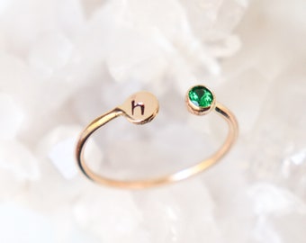 personalized dual birthstone ring. GOLD. initial. gemstone stacking ring. 14k gold-filled. mothers ring. horseshoe ring. birthstone ring.