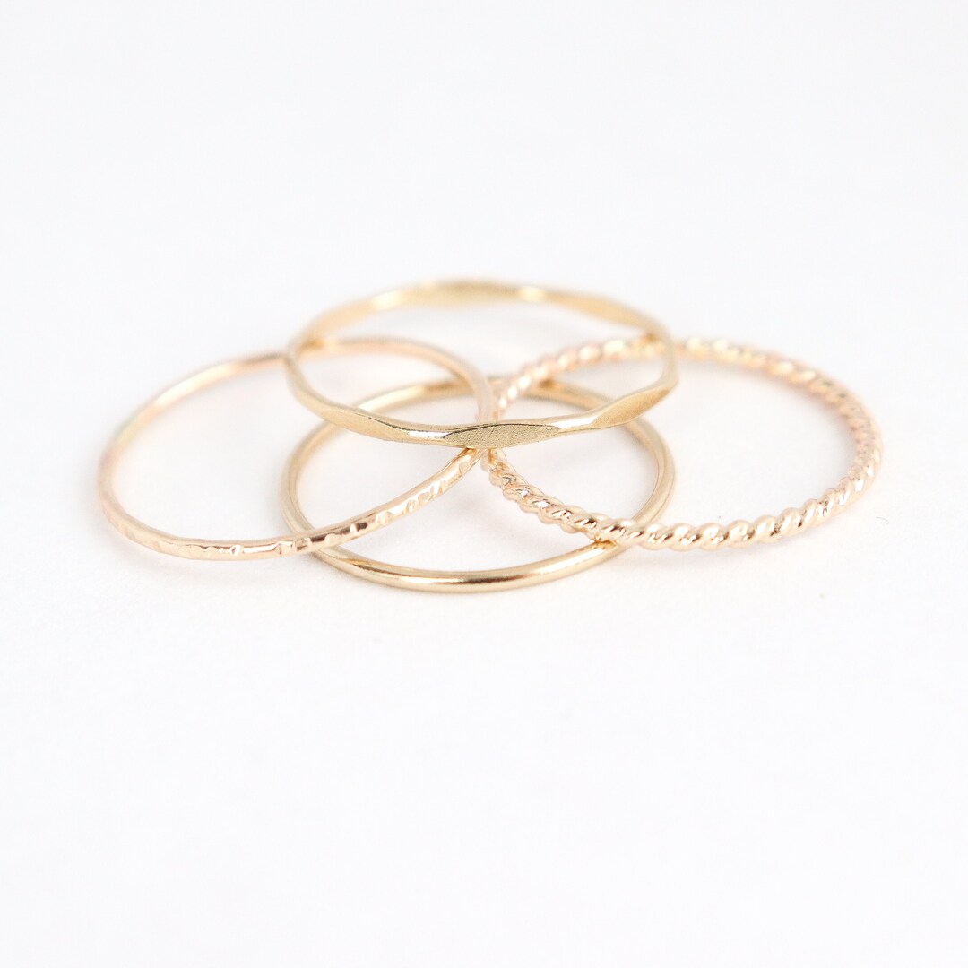 GOLD Stacking Rings. SET of Four. Skinny Slim Hammered Shiny Stack Ring ...