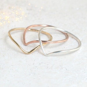 May include: Three simple, minimalist rings in gold, silver, and rose gold. The rings are all the same shape, a curved V-shape.