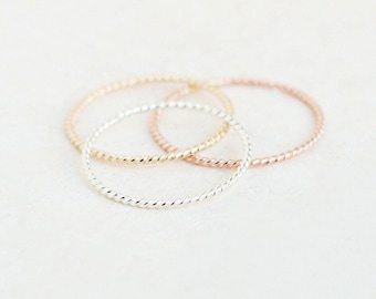 twist rope stacking ring. GOLD, ROSE or SILVER stackable ring. twist ring skinny slim. 14k gold fill rose or sterling silver stack ring. 1mm
