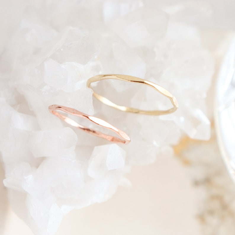 SOLID 14k gold or rose gold stacking ring. super skinny slim. hammered and shiny. ONE. classic gold stack ring. image 9