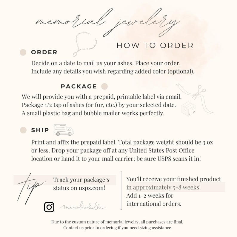 May include: An informational graphic titled memorial jewelry how to order with instructions for mailing ashes. It outlines three steps: order, package, and ship, including a tip to track packages on usps.com and a note about a 5-8 week production time.