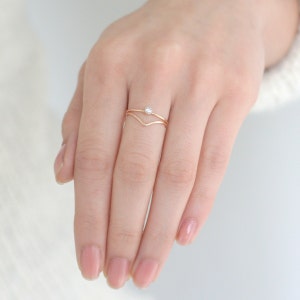 SOLID 14k gold ring set. chevron diamond ring. stackable wedding rings. engagement ring. wedding ring set. geometric stackable wedding bands image 1