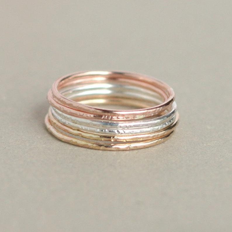 stacking rings set of THREE. sterling silver, rose and yellow gold fill. knuckle ring. minimalist stackable ring. dainty hammered stack ring image 4