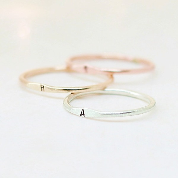 personalized initial ring. minimalist letter ring. solid 14k gold, rose or silver stacking band. ALTIAURA reserve collection. 1.3mm band.