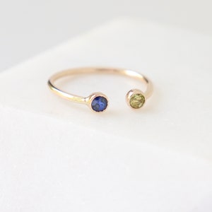 dual birthstone ring. GOLD. personalized two stone ring. gemstone couples ring. 14k gold-filled. horseshoe birthstone ring. stacking ring. image 7