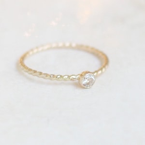 gold stacking ring. birthstone ring. ONE gemstone ring. TWIST. mothers ring. 14k yellow gold filled. minimalist engagement ring. cz diamond