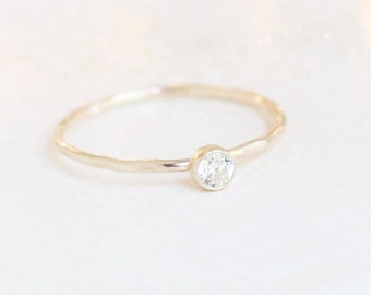 GOLD cz diamond birthstone stacking ring. ONE stackable minimalist ring. mothers ring. 14k gold filled. PEBBLED textured band. gift for mom