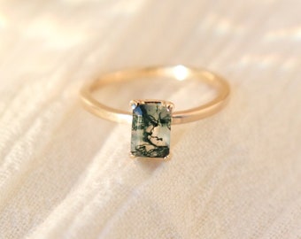 engagement ring. green moss agate natural stone. stackable wedding ring. sterling silver, 14k yellow / rose gold fill. healing crystal.