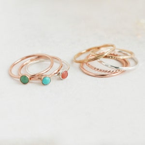 gemstone stacking ring SET. turquoise, chrysoprase and coral stone rings. sterling silver, gold, rose fill. EIGHT ring set. 1.3mm bands. image 2