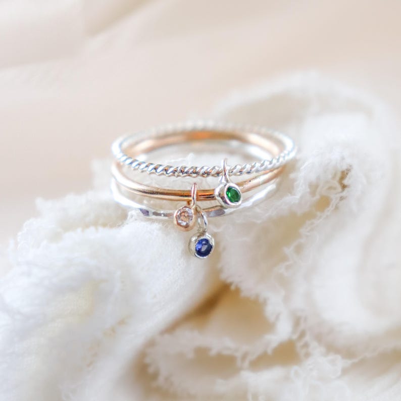 Solid Sterling Silver Stackable Birthstone Ring | Dainty Kinetic Sliding Charm Natural Gemstone | Mothers Day Band Bild 10