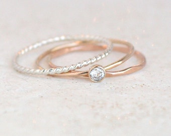 birthstone stacking ring set. minimalist. mixed metals. gemstone ring. sterling silver. gold filled, rose gold. mothers ring. stacking ring.