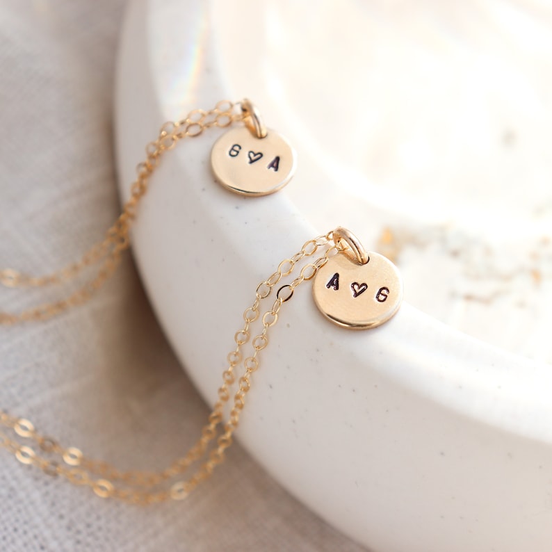 best friends gold initial necklace. couples necklace. simple gold disc necklace. mother's necklace. gift for her under 50. bridesmaid gift. image 5