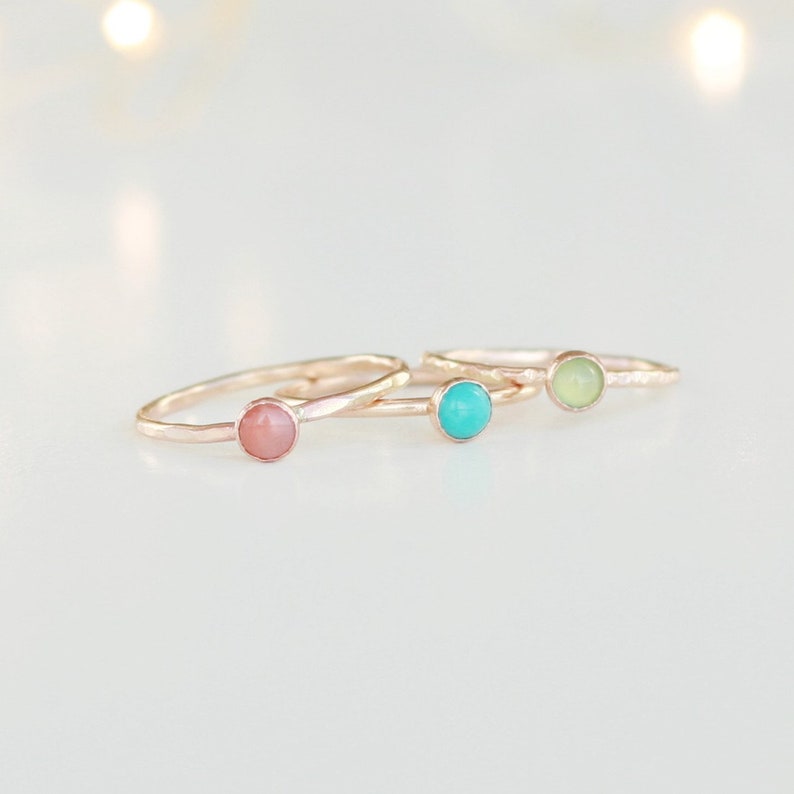 gemstone stacking ring SET. turquoise, chrysoprase and coral stone rings. sterling silver, gold, rose fill. EIGHT ring set. 1.3mm bands. image 4