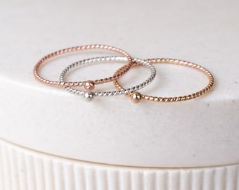 Ball Stack Ring / One Rope Twist Stacking Ring with Droplet / SILVER, GOLD, ROSE Bead Drop Stackable Ring / Minimal Mothers Stacking Ring