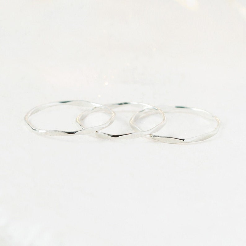 stacking rings. sterling silver. super skinny set of THREE. slim plain band stackable ring. hammered and shiny. stack ring set. image 1