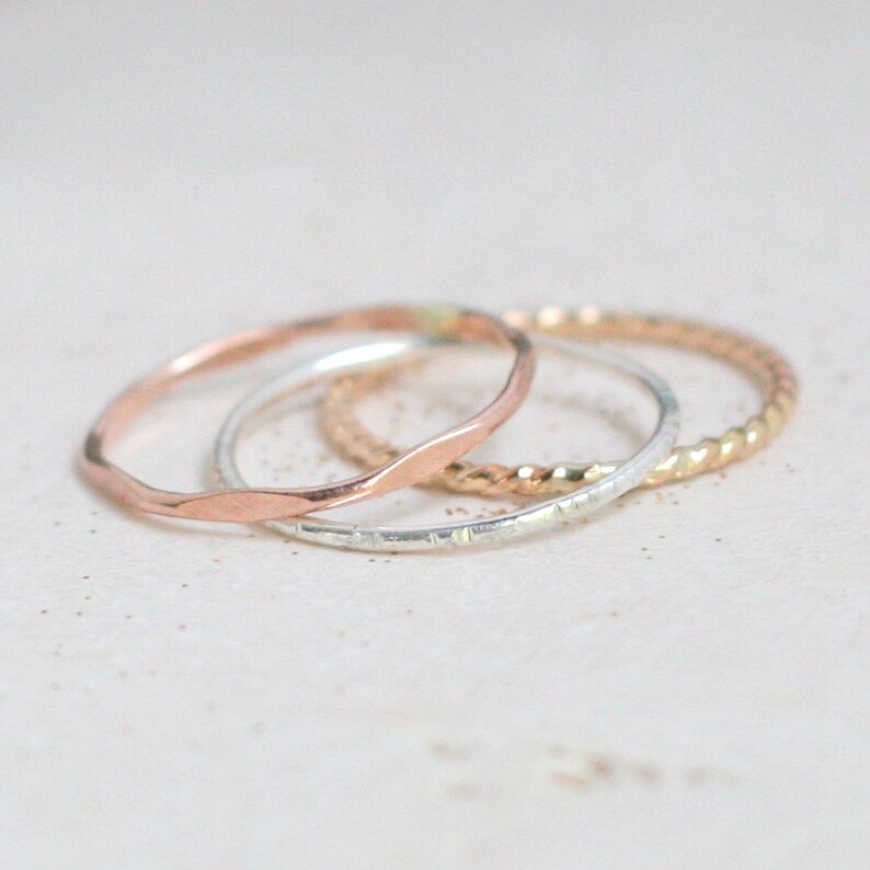 Stackable rings. GOLD SILVER ROSE set of stacking rings. | Etsy