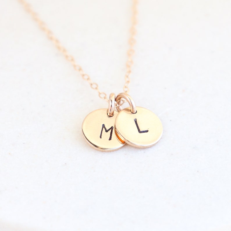 mother's initial necklace. personalized letter. best friends gold necklace. couples necklace. simple gold disc necklace. bridesmaid gift. image 1