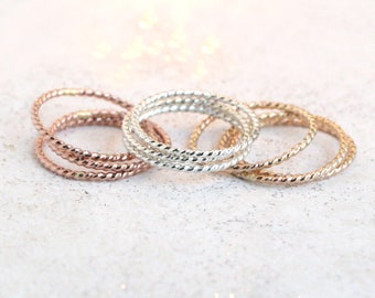 GOLD, ROSE or SILVER stacking ring. one stacking rope ring. dainty twist ring skinny slim. 14k gold fill rose or sterling silver stack ring.