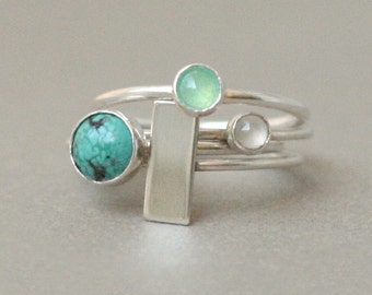 turqoise ring SET. sterling silver stacking rings SET. seaside collection. turquoise, chrysoprase, moonstone. rectangle bar ring. geometric.