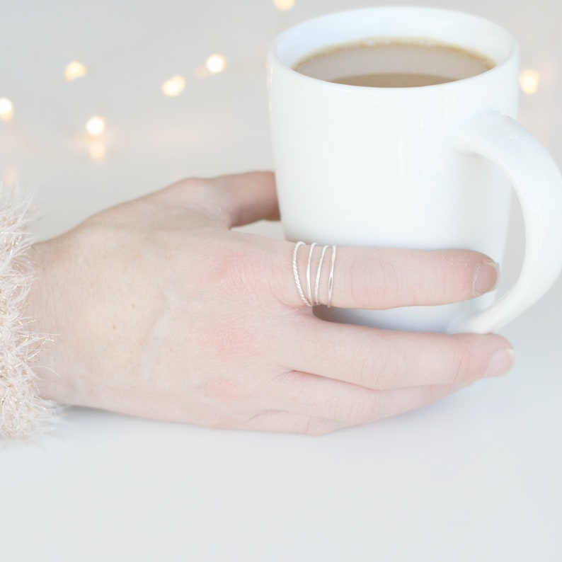 SILVER stacking rings. SET of four sterling silver rings. minimalist modern rings. skinny stack ring. hammered. knuckle ring. midi ring. image 6