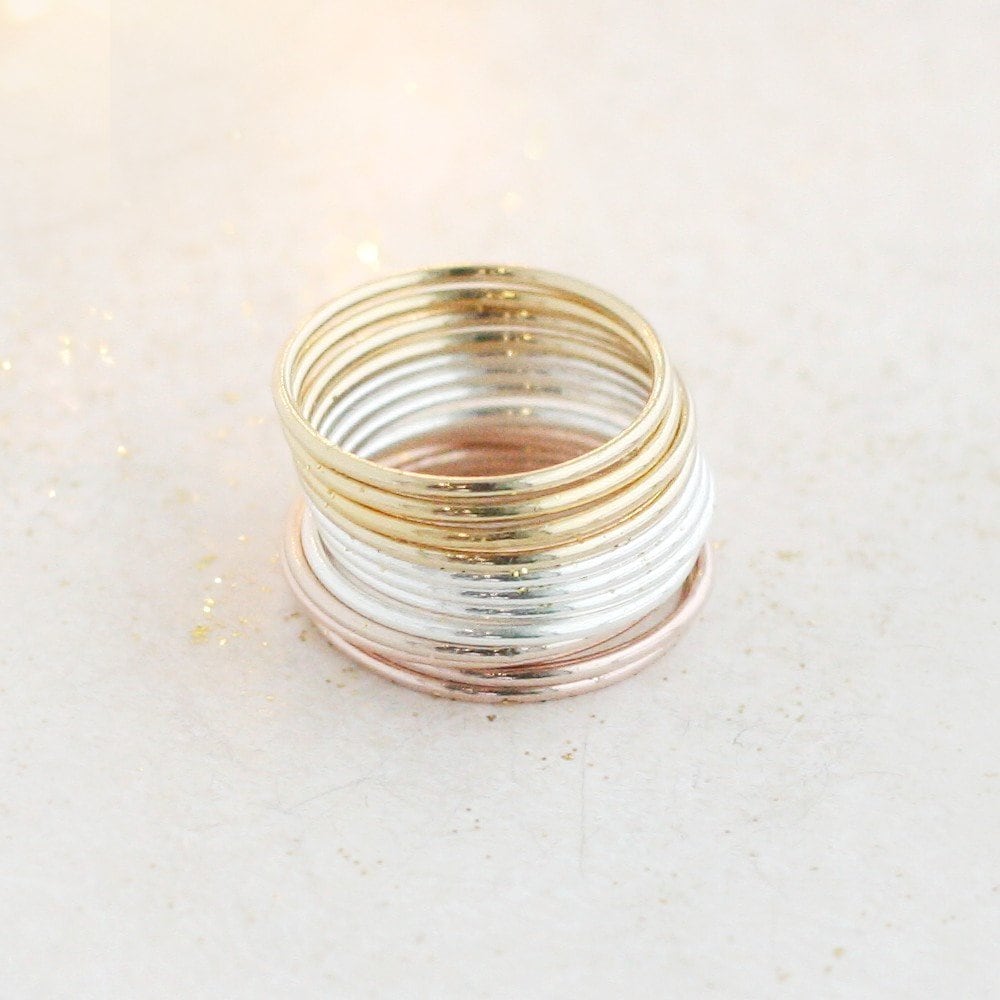 Stacking Rings Set of twelve. SILVER, GOLD, ROSE Stackable Rings. Bold Maximalist Mixed Metal Statement Stack Rings in Silver and Gold Fill.