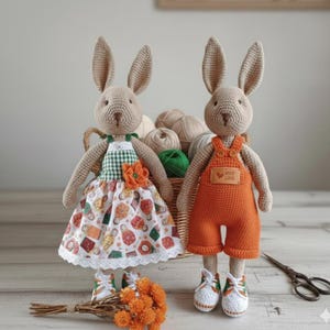 Op de afbeelding: Twee handgemaakte gehaakte konijnenpoppen. Eén draagt een groen-wit geruit topje met een rok met patroon en een oranje bloem. De andere draagt een oranje tuinbroek en sneakers. Een mand met garen en een boeket oranje bloemen staan op de achtergrond.