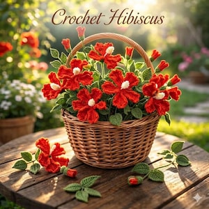 Crochet Hibiscus Pattern PDF – Realistic Flower with Leaves  – Instant Download