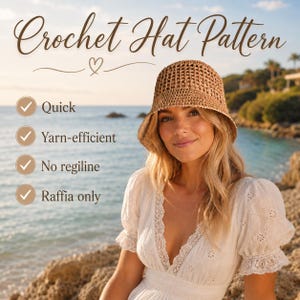 May include: A tan crochet bucket hat with an open-weave grid pattern. The text reads: Crochet Hat Pattern, Quick, Yarn-efficient, No regiline, Raffia only. The hat is worn by a person in a white eyelet blouse against a coastal background.