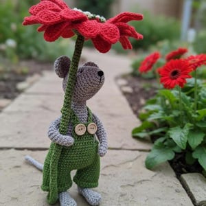 Op de afbeelding: Een gehaakte grijze muis met groene tuinbroek, die een grote rode gehaakte bloem vasthoudt. De muis heeft knoogjes en houten knopen op de tuinbroek. De bloem is felrood met een groene stengel. De achtergrond toont een tuinpad en rode bloemen.