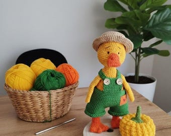 Crochet Goose Pattern: Amigurumi Farmer Animal Toy with Pumpkin (Digital PDF)