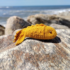 May include: A crocheted yellow fish toy with a brown eye, sitting on a rock near the ocean.