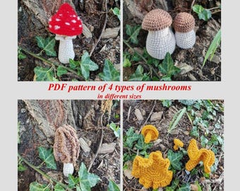 May include: A collection of four different crochet mushroom designs. One mushroom has a red cap with white spots, while others have brown or yellow caps. The text "PDF pattern of 4 types of mushrooms in different sizes" is also visible.